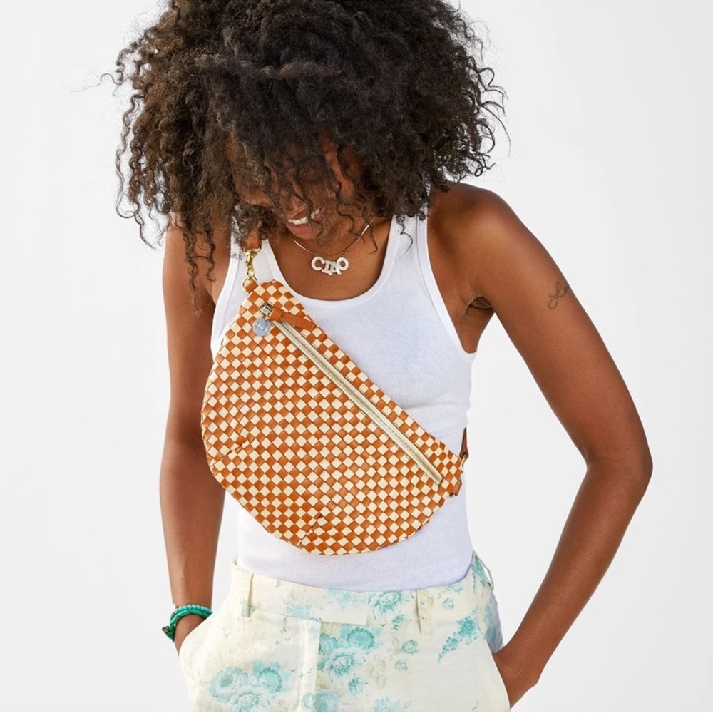 Clare V Tan and White Checkered Grande Fanny Crossbody